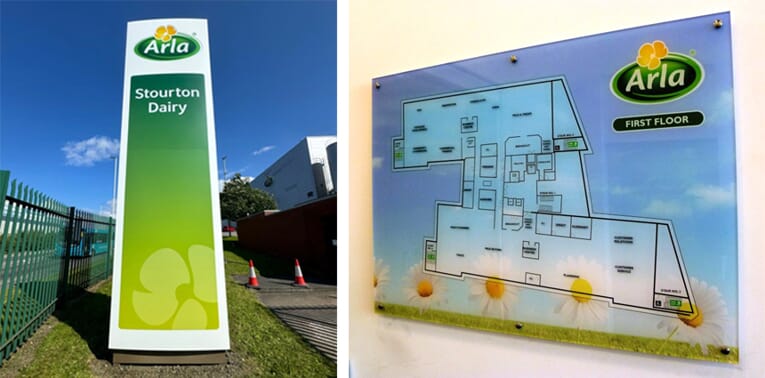 Exterior sign for Arla Stourton Dairy and a blueprint sign showing the first floor